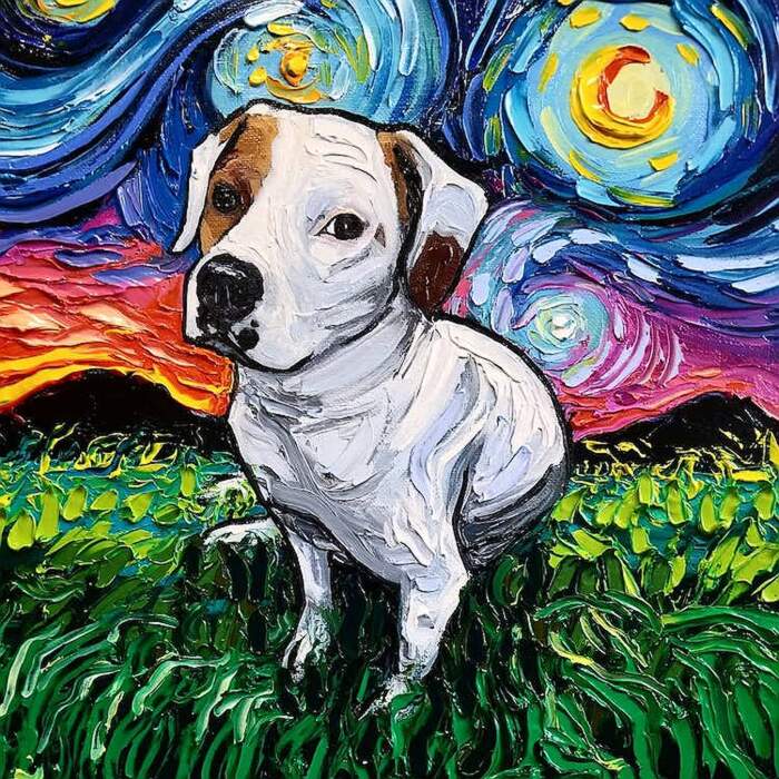 Dipinto di un cane che guarda le stelle nel cielo notturno generativo ai