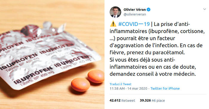 Coronavirus, l'ibuprofene potrebbe peggiorarlo secondo il ministro della salute francese Coronavirus, l'ibuprofene potrebbe peggiorarlo secondo il ministro della salute francese